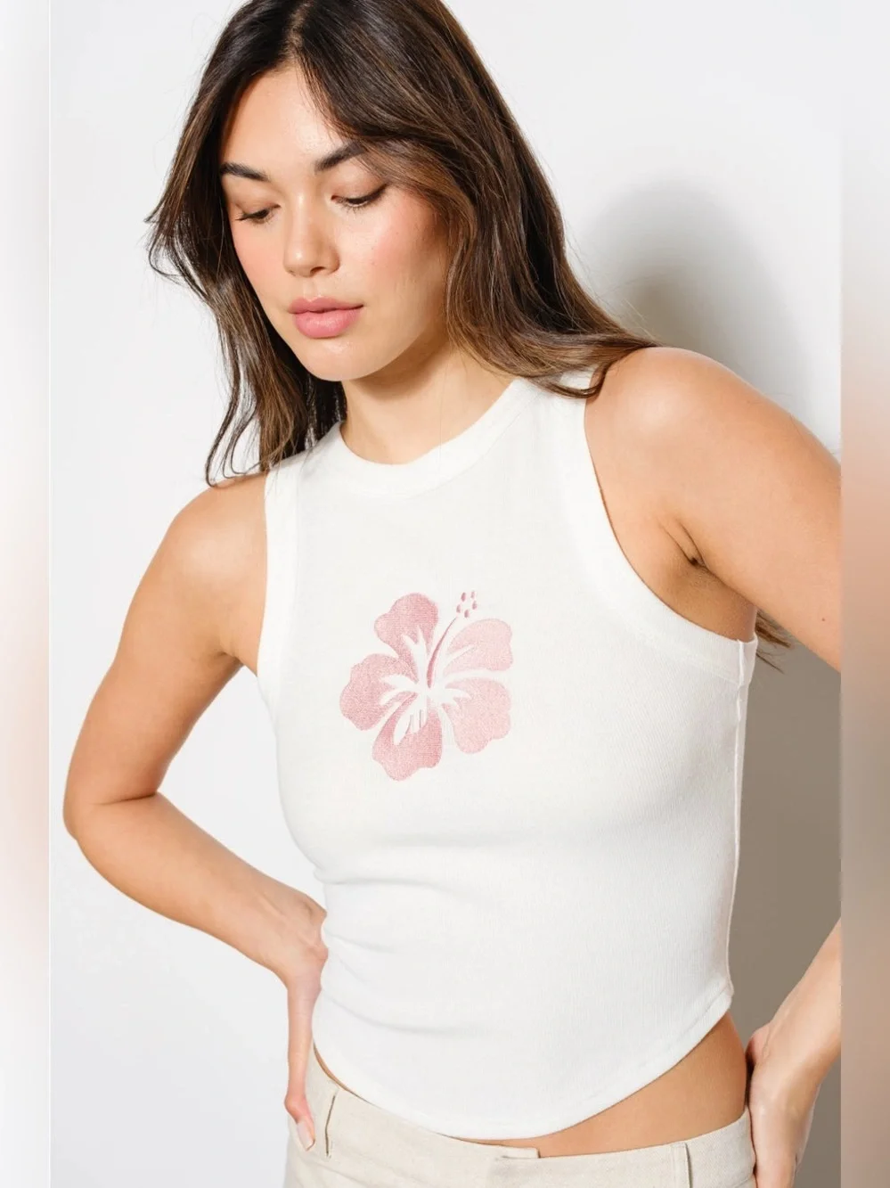 Embroidered Hibiscus Flower Ribbed Tank Top - Pretty Garbage - Picture 3 of 6